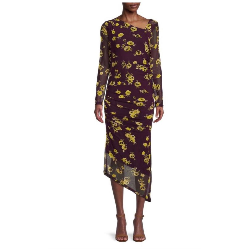 Calvin Klein Floral Ruched Mesh Midi Dress Sz XL Asymmetrical Hem Purple Yellow